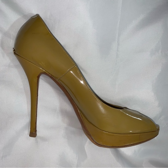 DIOR size 39 mustard yellow patent leather PEEP TOE platform STILLETO pumps - Picture 1 of 15